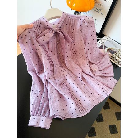 FA56434# 法式复古宫廷感重工大蝴蝶结系带波点衬衫女长袖秋季雪纺上衣 服裝批發女裝批發服飾貨源