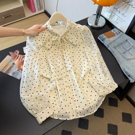FA56434# 法式复古宫廷感重工大蝴蝶结系带波点衬衫女长袖秋季雪纺上衣 服裝批發女裝批發服飾貨源