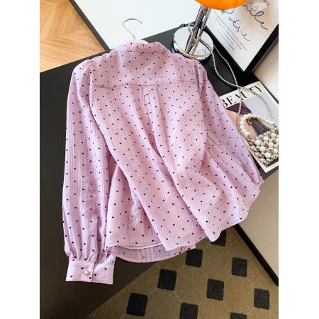 FA56434# 法式复古宫廷感重工大蝴蝶结系带波点衬衫女长袖秋季雪纺上衣 服裝批發女裝批發服飾貨源