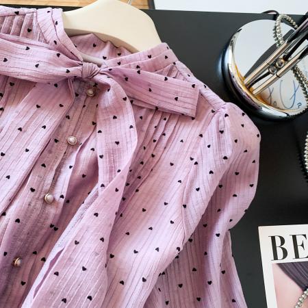 FA56434# 法式复古宫廷感重工大蝴蝶结系带波点衬衫女长袖秋季雪纺上衣 服裝批發女裝批發服飾貨源