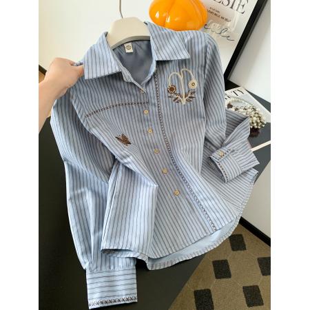 FA56435# 韩版气质职场通勤风刺绣条纹衬衫女春款高级感百搭显瘦衬衣潮 服裝批發女裝批發服飾貨源