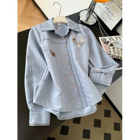 FA56435# 韩版气质职场通勤风刺绣条纹衬衫女春款高级感百搭显瘦衬衣潮 服裝批發女裝批發服飾貨源