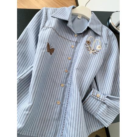 FA56435# 韩版气质职场通勤风刺绣条纹衬衫女春款高级感百搭显瘦衬衣潮 服裝批發女裝批發服飾貨源