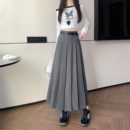 FA56438# 灰色西装半身裙女春夏新款高腰a字中长款气质毛呢百褶裙 服裝批發女裝批發服飾貨源