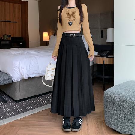 FA56438# 灰色西装半身裙女春夏新款高腰a字中长款气质毛呢百褶裙 服裝批發女裝批發服飾貨源