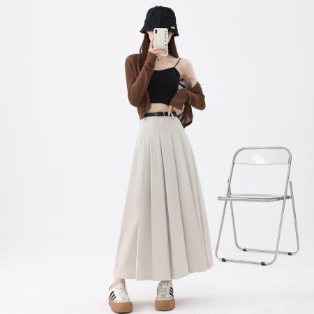 FA56438# 灰色西装半身裙女春夏新款高腰a字中长款气质毛呢百褶裙 服裝批發女裝批發服飾貨源