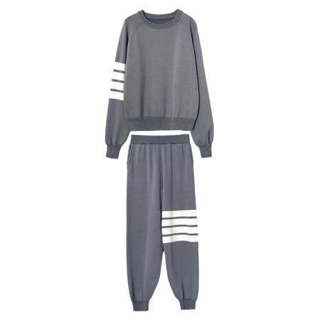 FA56439# 运动休闲风舒适穿搭套装春季新款条纹圆领针织上衣长裤两件套 服裝批發女裝批發服飾貨源