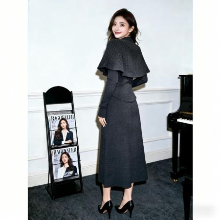 FA56440# 韩式名媛千金风套装新款淑女优雅风针织斗篷打底衫长裙三件套 服裝批發女裝批發服飾貨源