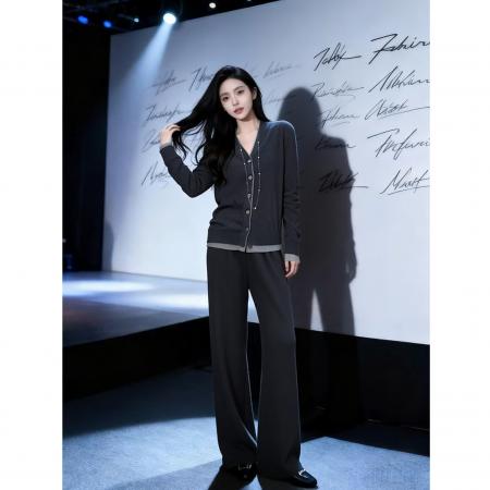 FA56441# 法式简约休闲复古日常穿搭套装新款V领针织上衣长裤两件套 服裝批發女裝批發服飾貨源