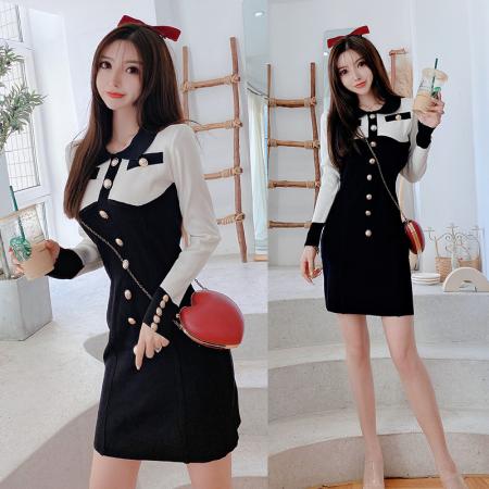 FA56442# 新款百搭长袖性感单排扣拼色针织包臀打底连衣裙 服裝批發女裝批發服飾貨源