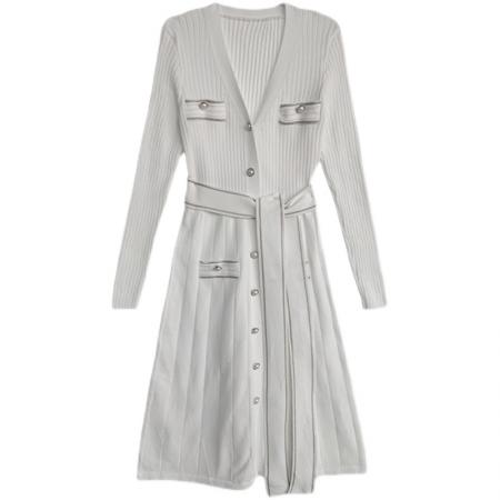 FA56443# 白色针织连衣裙秋冬新款法式收腰显瘦气质v领长裙女 服裝批發女裝批發服飾貨源