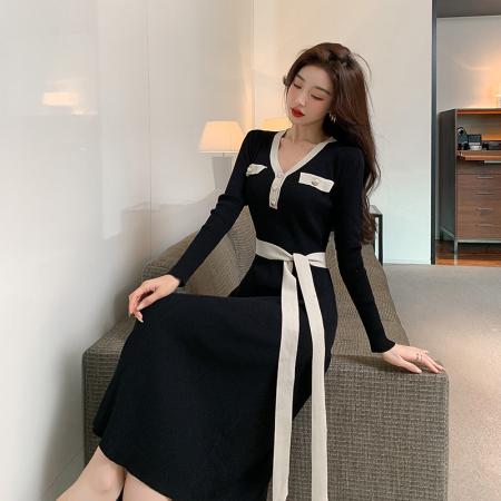 FA56444# 法式小香风轻奢简约撞色修身连衣裙女长款针织打底裙 服裝批發女裝批發服飾貨源