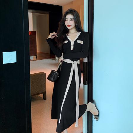 FA56444# 法式小香风轻奢简约撞色修身连衣裙女长款针织打底裙 服裝批發女裝批發服飾貨源