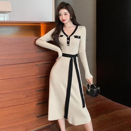 FA56444# 法式小香风轻奢简约撞色修身连衣裙女长款针织打底裙 服裝批發女裝批發服飾貨源