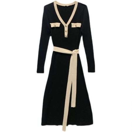 FA56444# 法式小香风轻奢简约撞色修身连衣裙女长款针织打底裙 服裝批發女裝批發服飾貨源