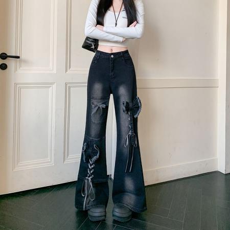 FA56446# 黑色喇叭长裤女春季立体蝴蝶结辣妹修身高腰显瘦牛仔裤 服裝批發女裝批發服飾貨源