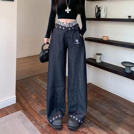 FA56447# 阔腿牛仔裤女设计感豹纹腰头拼接辣妹星星印花拖地裤子 服裝批發女裝批發服飾貨源