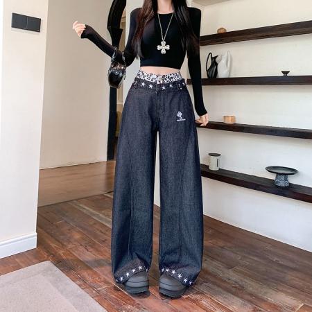 FA56447# 阔腿牛仔裤女设计感豹纹腰头拼接辣妹星星印花拖地裤子 服裝批發女裝批發服飾貨源