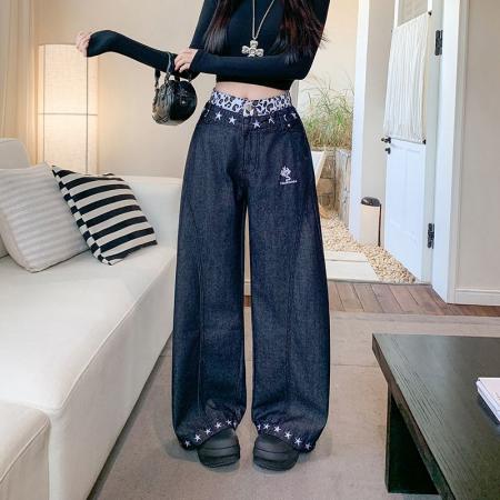 FA56447# 阔腿牛仔裤女设计感豹纹腰头拼接辣妹星星印花拖地裤子 服裝批發女裝批發服飾貨源