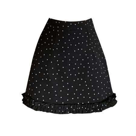 FA56449# 洋气波点半身裙女春夏木耳边短裙圆点a字短裙黑色包臀裙 服裝批發女裝批發服飾貨源