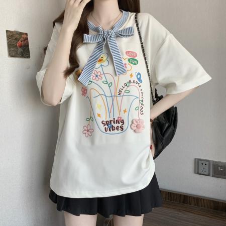 FA56450# 胖mm春夏新款条纹拼接绑带圆领T恤女宽松时尚短袖上衣 服裝批發女裝批發服飾貨源