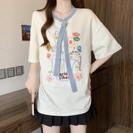 FA56450# 胖mm春夏新款条纹拼接绑带圆领T恤女宽松时尚短袖上衣 服裝批發女裝批發服飾貨源