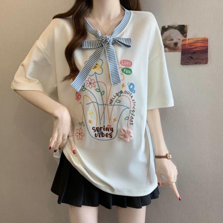 FA56450# 胖mm春夏新款条纹拼接绑带圆领T恤女宽松时尚短袖上衣 服裝批發女裝批發服飾貨源