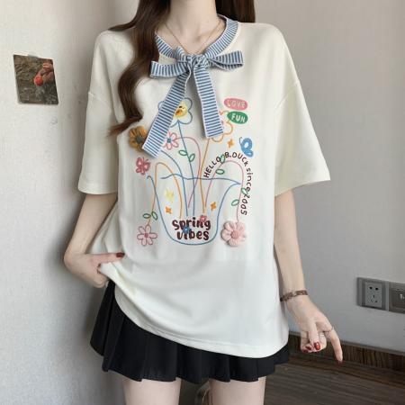 FA56450# 胖mm春夏新款条纹拼接绑带圆领T恤女宽松时尚短袖上衣 服裝批發女裝批發服飾貨源