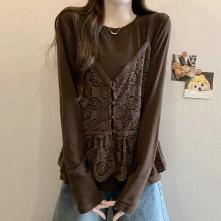 FA56451# 胖MM秋冬新款时尚百搭宽松显瘦弹力针织拼接蕾丝长袖假两件上衣女 服裝批發女裝批發服飾貨源