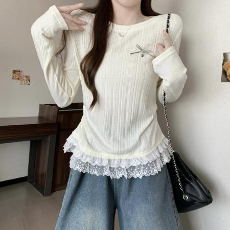 FA56452# 胖mm秋冬新款蕾丝拼接长袖打底衫女蝴蝶结正肩t恤修身内搭上衣 服裝批發女裝批發服飾貨源