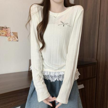 FA56452# 胖mm秋冬新款蕾丝拼接长袖打底衫女蝴蝶结正肩t恤修身内搭上衣 服裝批發女裝批發服飾貨源