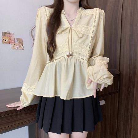 FA56453# 胖MM秋冬新款法式蕾丝拼接花边领衬衫女灯笼袖空气感收腰显瘦上衣 服裝批發女裝批發服飾貨源