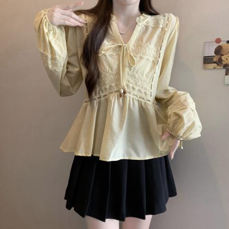 FA56453# 胖MM秋冬新款法式蕾丝拼接花边领衬衫女灯笼袖空气感收腰显瘦上衣 服裝批發女裝批發服飾貨源