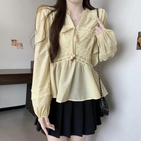 FA56453# 胖MM秋冬新款法式蕾丝拼接花边领衬衫女灯笼袖空气感收腰显瘦上衣 服裝批發女裝批發服飾貨源