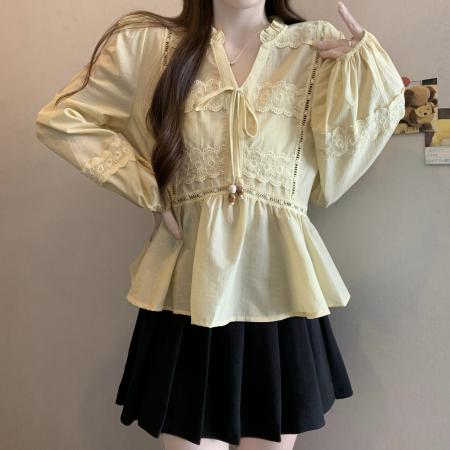 FA56453# 胖MM秋冬新款法式蕾丝拼接花边领衬衫女灯笼袖空气感收腰显瘦上衣 服裝批發女裝批發服飾貨源