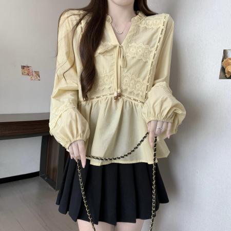 FA56453# 胖MM秋冬新款法式蕾丝拼接花边领衬衫女灯笼袖空气感收腰显瘦上衣 服裝批發女裝批發服飾貨源