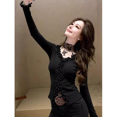 FA56455# 巨好看的氛围感上衣韩系气质轻熟小众不撞款洋气高级感黑色T恤冬 服裝批發女裝批發服飾貨源