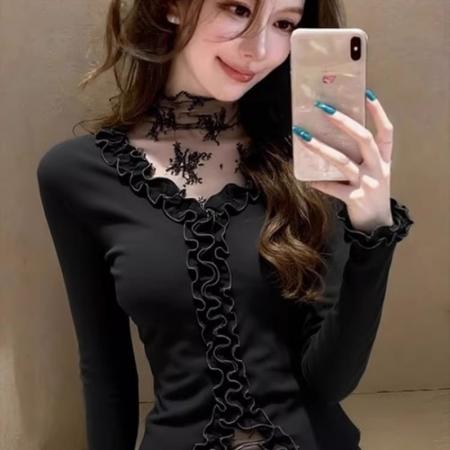 FA56455# 巨好看的氛围感上衣韩系气质轻熟小众不撞款洋气高级感黑色T恤冬 服裝批發女裝批發服飾貨源