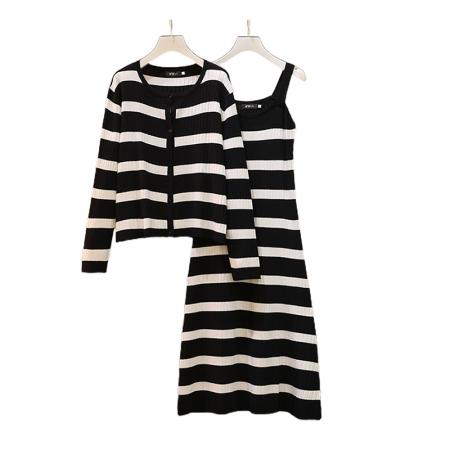 FA56457# 春新款大码女装条纹针织毛衣吊带连衣裙+长袖外套两件套 服裝批發女裝批發服飾貨源