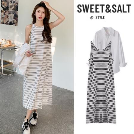 FA56458# 春装新款大码女装显瘦背心针织连衣裙+防晒长袖衬衣两件套 服裝批發女裝批發服飾貨源