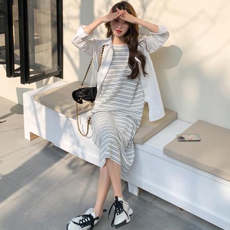 FA56458# 春装新款大码女装显瘦背心针织连衣裙+防晒长袖衬衣两件套 服裝批發女裝批發服飾貨源