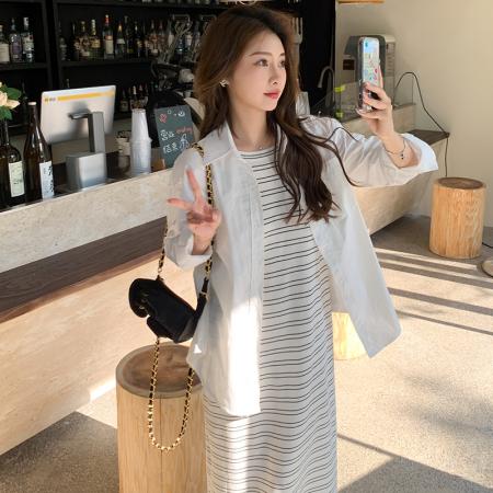 FA56458# 春装新款大码女装显瘦背心针织连衣裙+防晒长袖衬衣两件套 服裝批發女裝批發服飾貨源