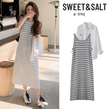 FA56458# 春装新款大码女装显瘦背心针织连衣裙+防晒长袖衬衣两件套 服裝批發女裝批發服飾貨源