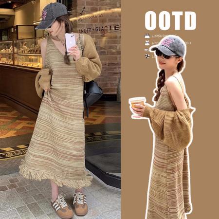 FA56459# 大码女装春装新款套装时尚设计感高级开衫+流苏吊带裙两件套 服裝批發女裝批發服飾貨源