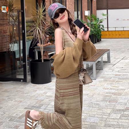 FA56459# 大码女装春装新款套装时尚设计感高级开衫+流苏吊带裙两件套 服裝批發女裝批發服飾貨源