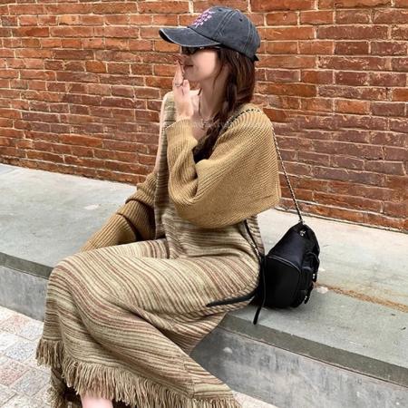 FA56459# 大码女装春装新款套装时尚设计感高级开衫+流苏吊带裙两件套 服裝批發女裝批發服飾貨源