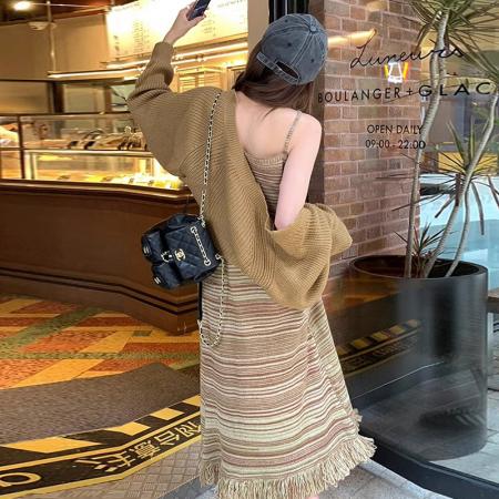 FA56459# 大码女装春装新款套装时尚设计感高级开衫+流苏吊带裙两件套 服裝批發女裝批發服飾貨源