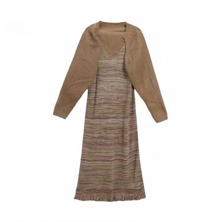 FA56459# 大码女装春装新款套装时尚设计感高级开衫+流苏吊带裙两件套 服裝批發女裝批發服飾貨源