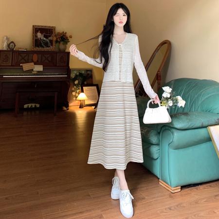 FA56460# 大码女装条纹背心长裙+针织长袖防晒开衫春装百搭连衣裙 服裝批發女裝批發服飾貨源