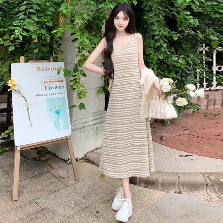 FA56460# 大码女装条纹背心长裙+针织长袖防晒开衫春装百搭连衣裙 服裝批發女裝批發服飾貨源